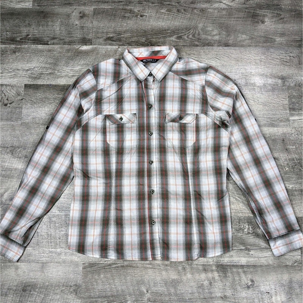 Arc’teryx Shirt Women's XL Grey White Plaid Roll Tab Hiking Travel Biker Camping